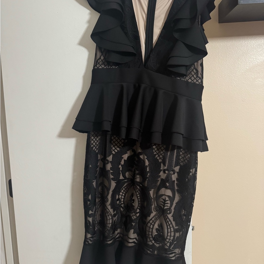 Bebe Black Tan Plunge Neck Ruffled Peplum Midi Dress